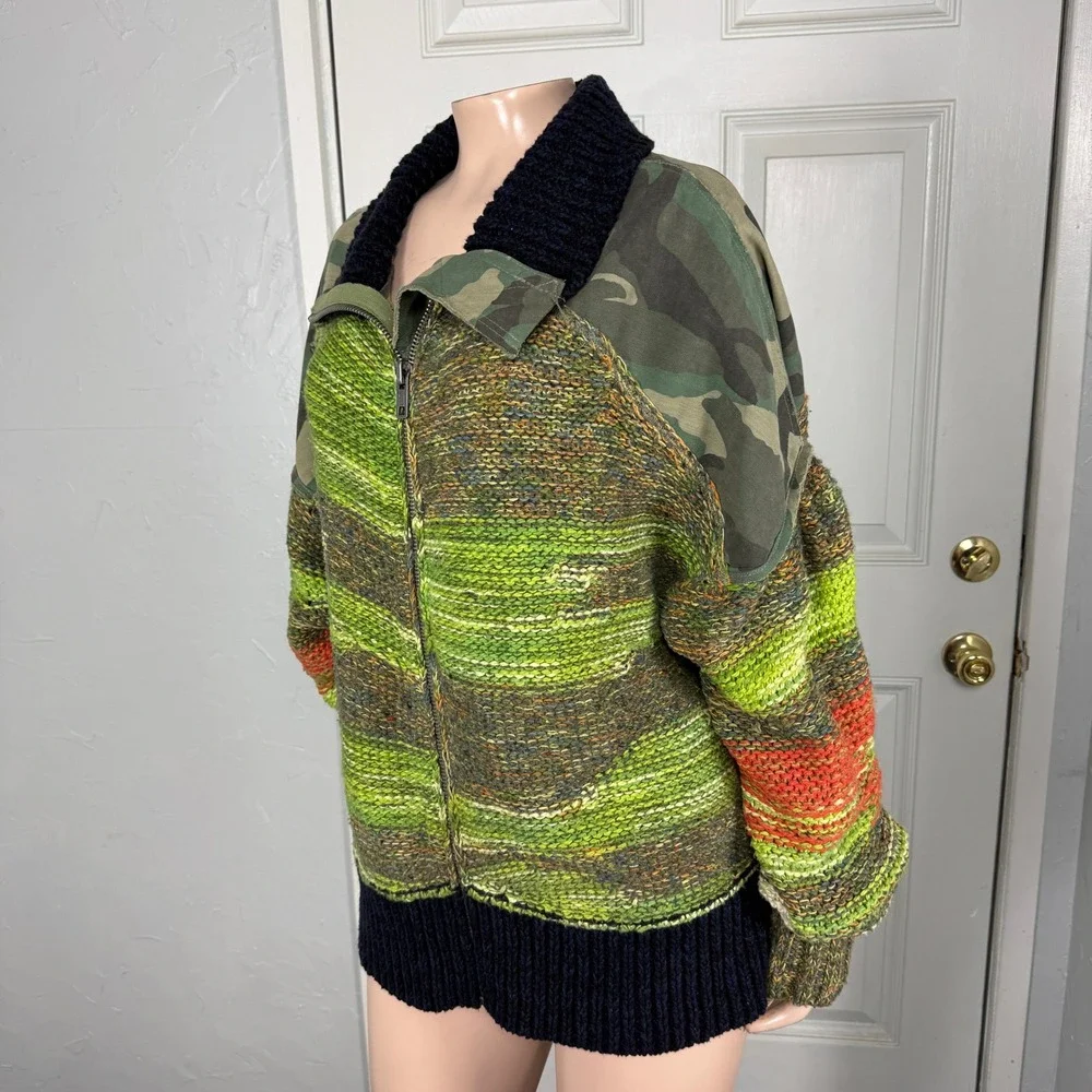 Free People Camo Clash Bomber Women's sweater Large Cotton Knit Cardigan zip Z15